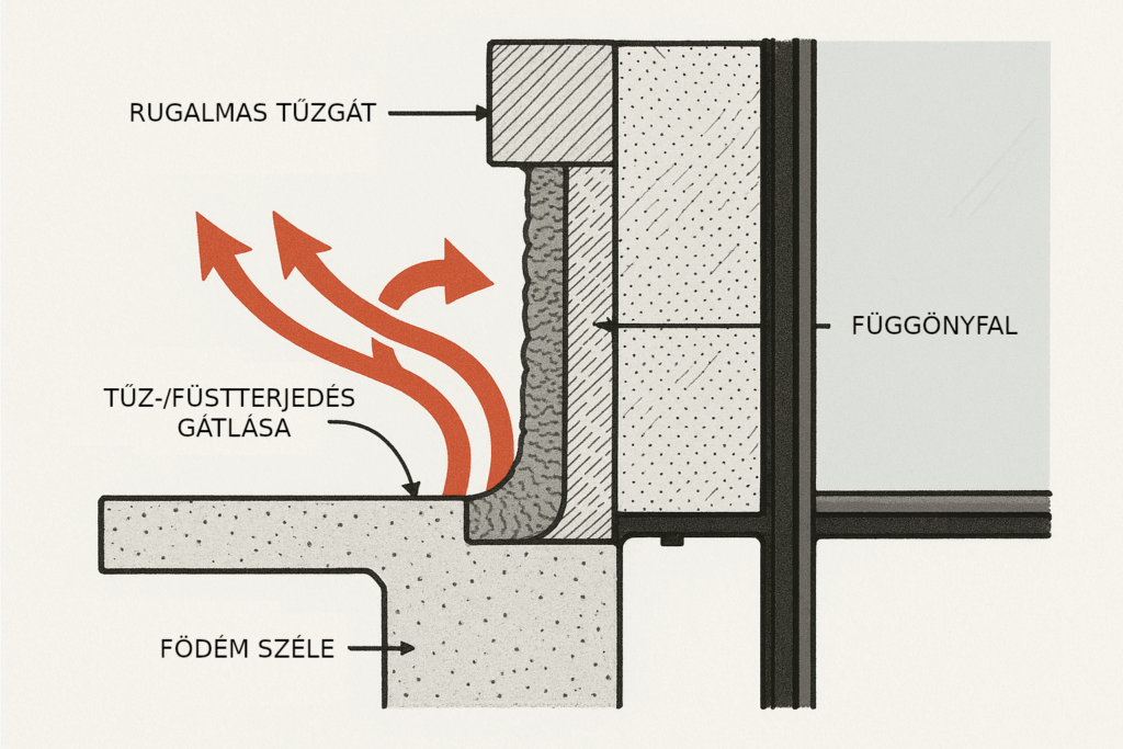 Rugalmas peremű tűzgátló részlet a magasépület függönyfala és födémének találkozásánál.