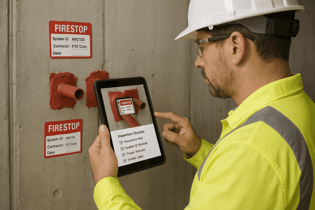 Az ellenőr táblagépen, fényképekkel és rendszerazonosítókkal dokumentálja a tűzgátló berendezések telepítését.