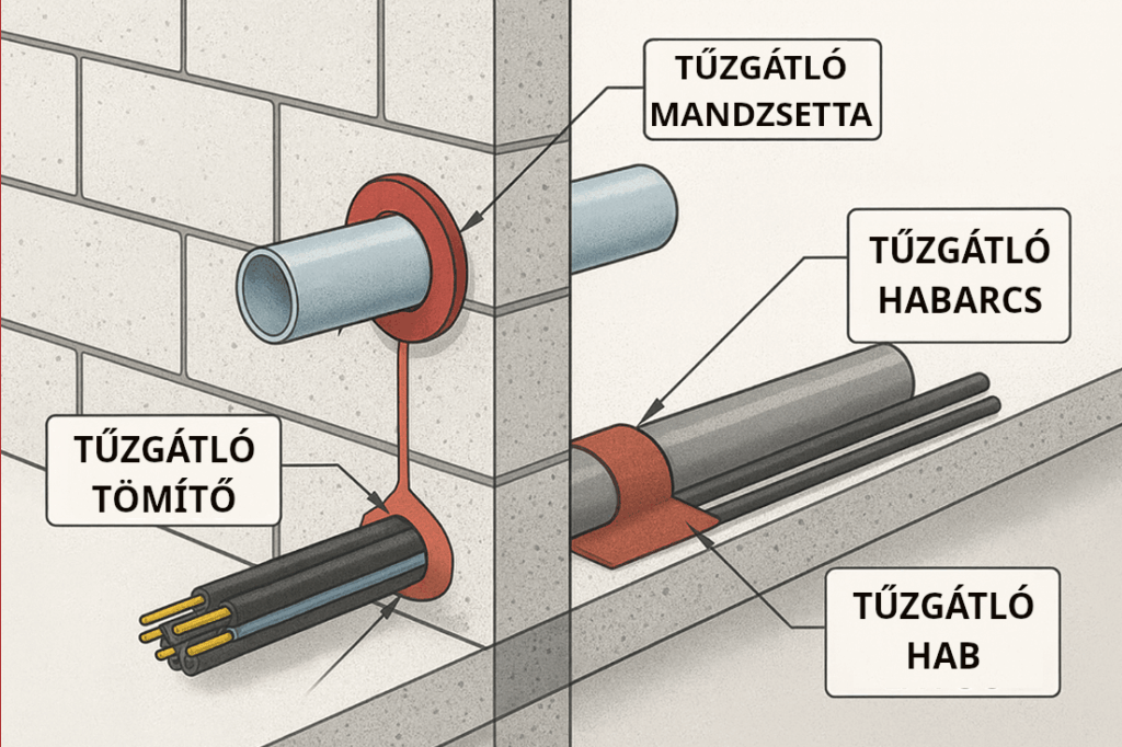 A fal/padló metszete a felcímkézett tűzgátló anyagokkal: tűzgátló tömítők, mandzsetták, habarcsok, habok.